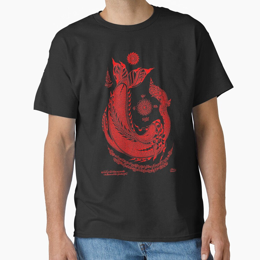 Thai traditional art of Talisman Fish and Naga Red color. by AmornGallery
