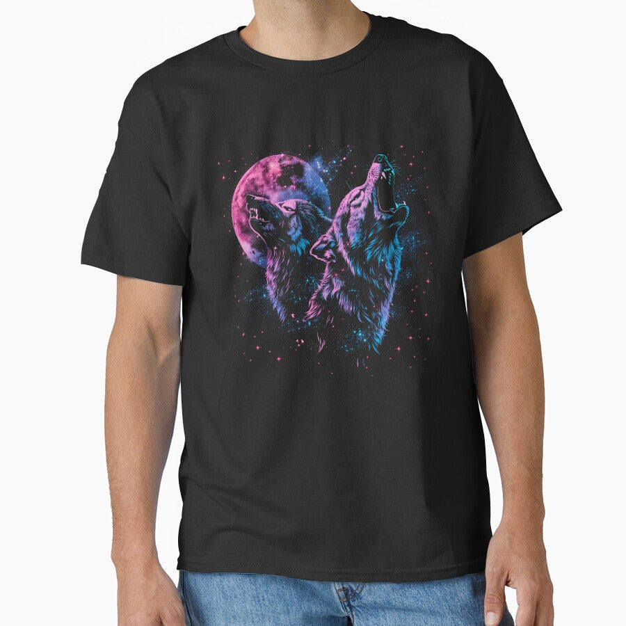 Howling Wolves Moon T-Shirt – Neon Galaxy Wolf Desig by PSYNOVA