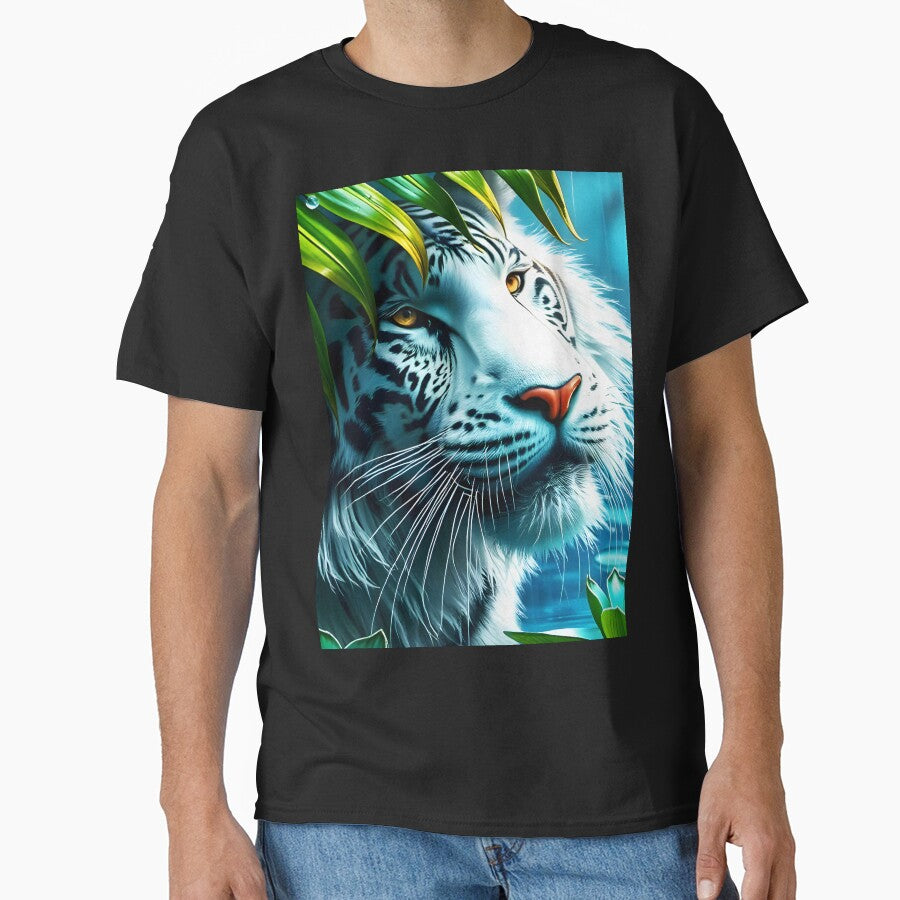 White Tiger Under Palm Leaf in Rain – Crystal Clear Digital Art (2:3 Card Edition) by EmeraldeaArt