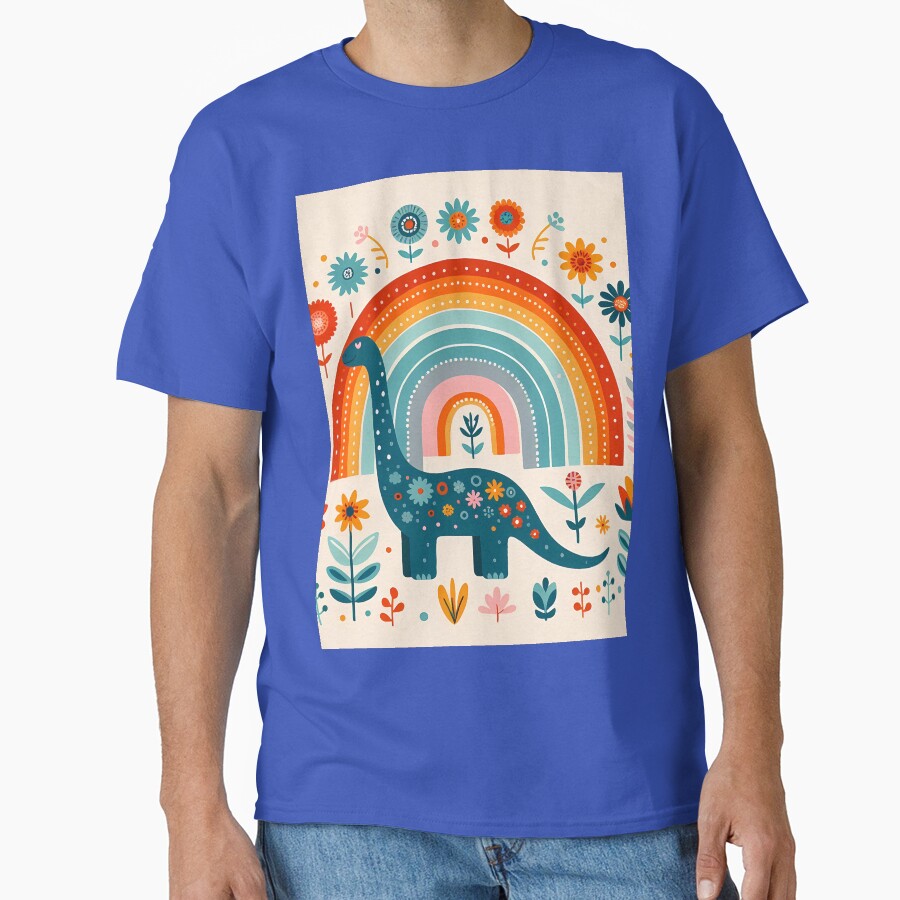 Cute Blue Brontosaurus Dinosaur with Rainbow - Scandinavian Folk Art by heidiannemorris © by FOLK ART FUSION by heidiannemorris