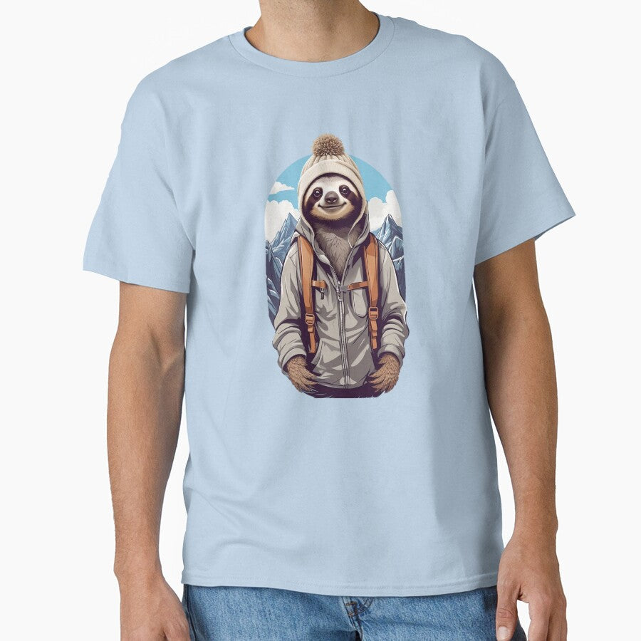 Young smiling sloth hiking in the mountains cartoon comic graphic for kids by CedricNorbinho
