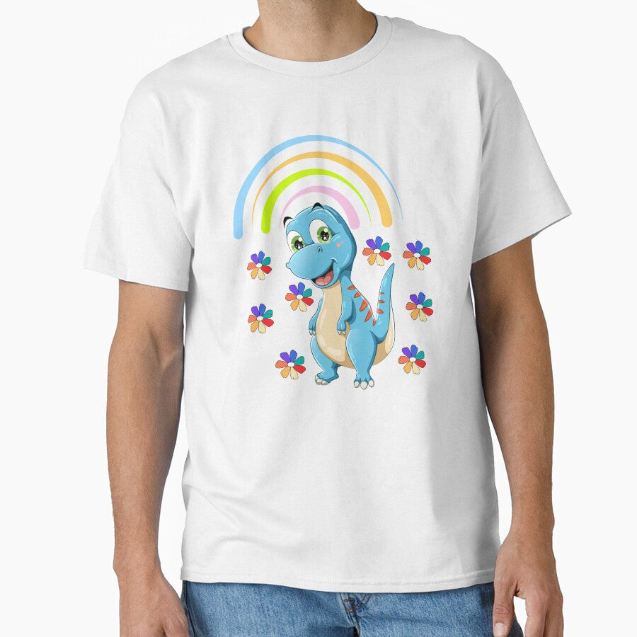Friendly Blue Dinosaur with Rainbow & Flowers – Cute Cartoon Illustration by Love3Happy