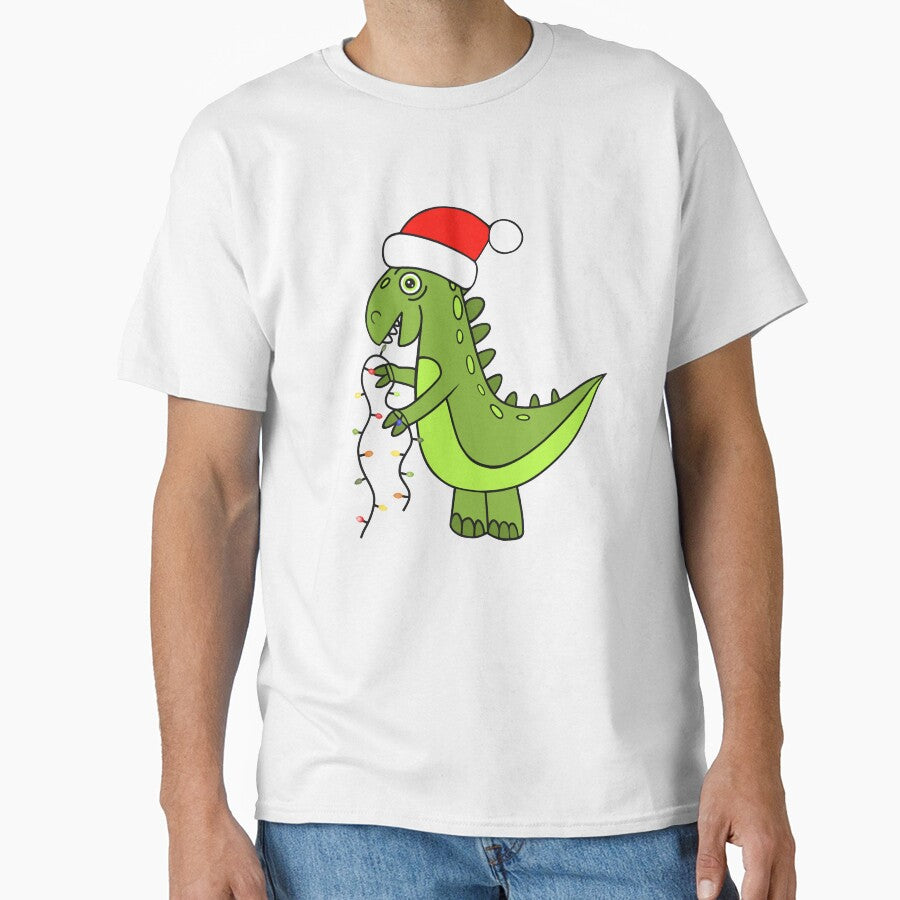 Funny Green Dinosaur Wearing A Santa Hat by Sartoris Art
