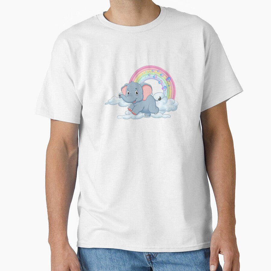 Playful Elephant - Cute Blue Elephant Floating on Clouds with Rainbow by Love3Happy