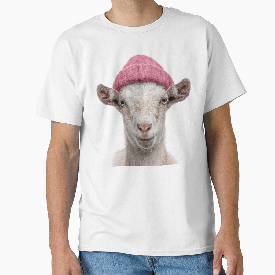Cozy Goat Wearing Pink Winter Hat Trendy Animal Fashion Artwork by LazyOwlStore