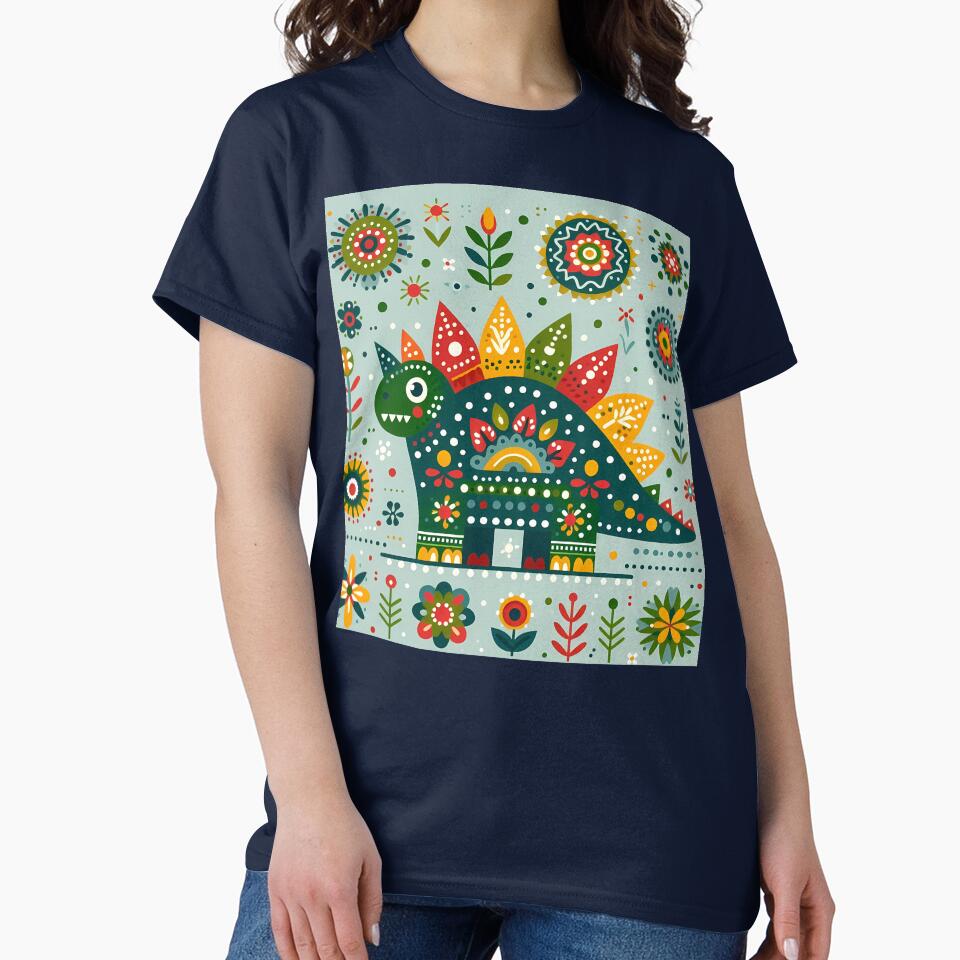 Scandinavian Folk Art Cute Green Stegosaurus Dinosaur by heidiannemorris © by FOLK ART FUSION by heidiannemorris