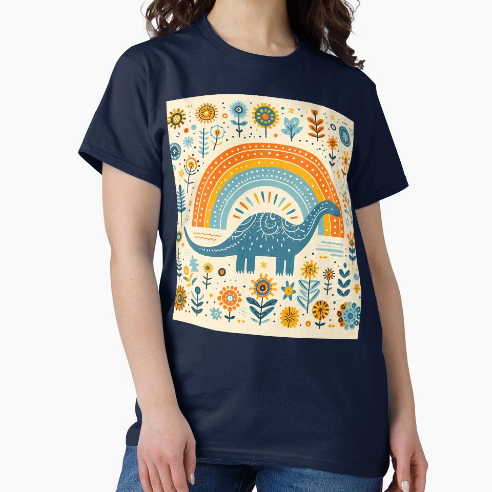 Cute Brontosaurus Dinosaur with Rainbow and Flowers - Scandinavian Folk Art by heidiannemorris © by FOLK ART FUSION by heidiannemorris