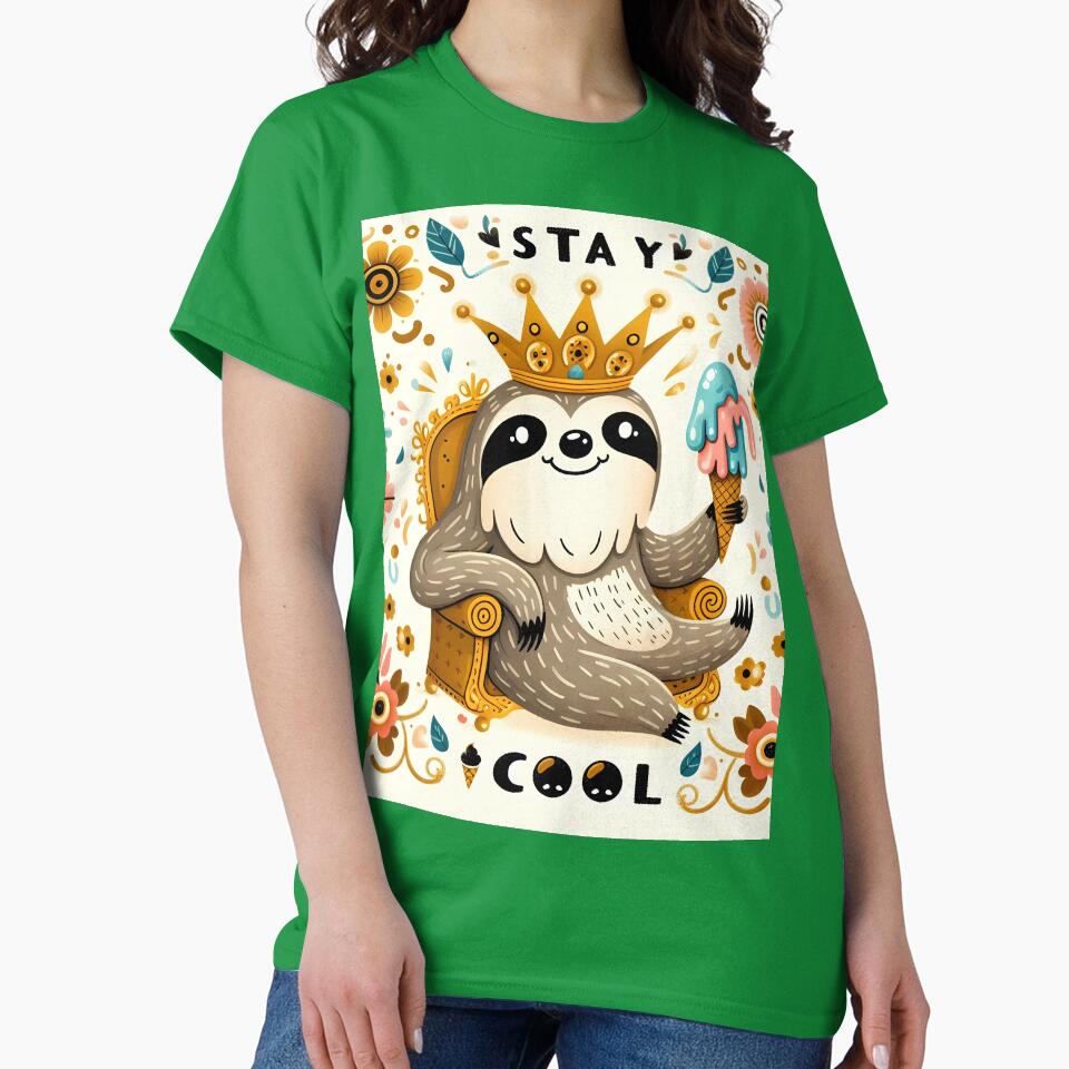 Stay Cool Sloth King with Ice Cream - Scandinavian Folk Art by heidiannemorris © by FOLK ART FUSION by heidiannemorris