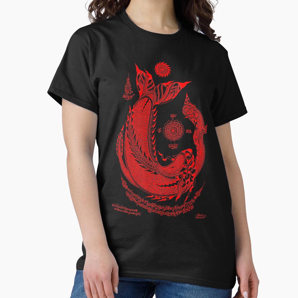 Thai traditional art of Talisman Fish and Naga Red color. by AmornGallery