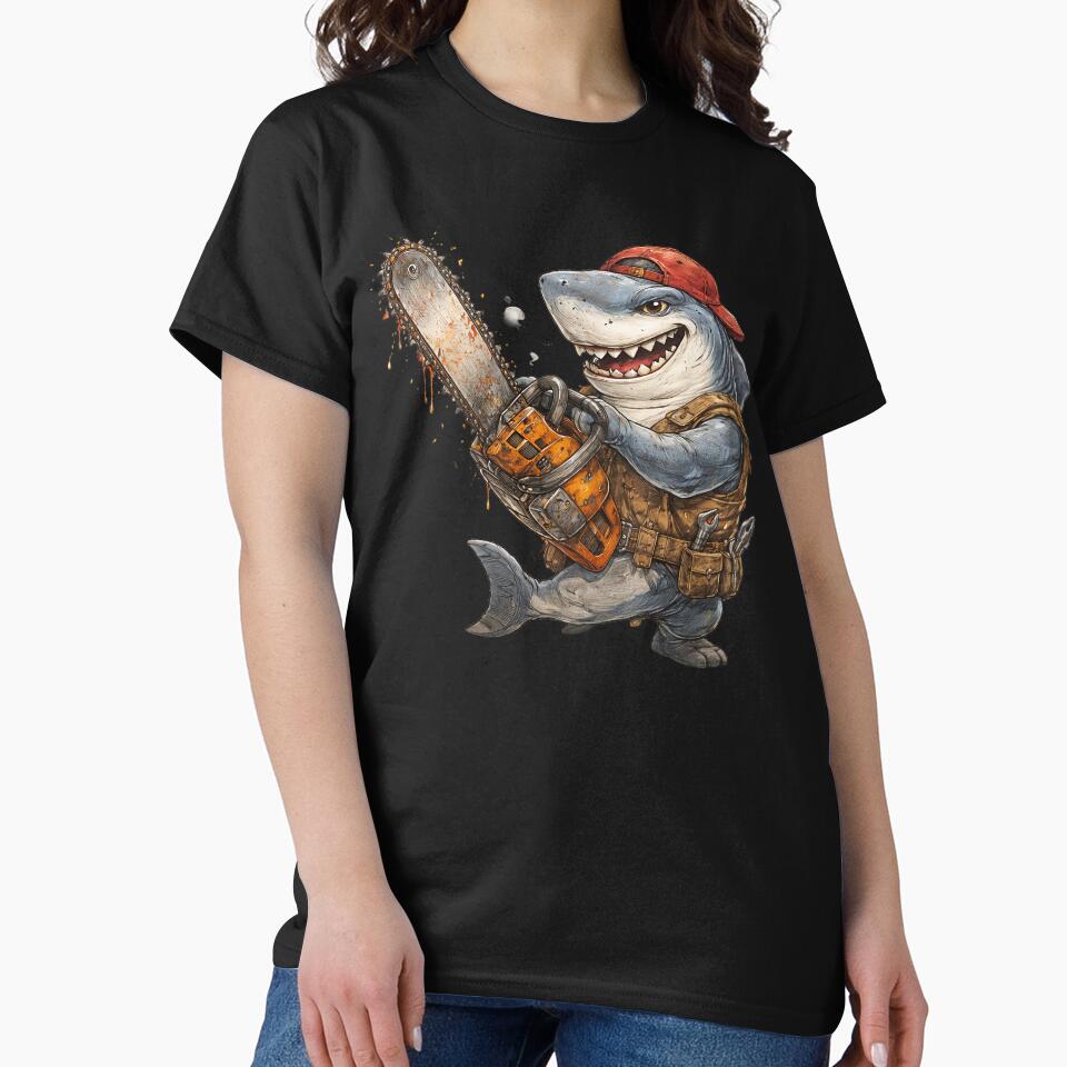 Brutal Shark with Chainsaw – Hand Drawn Colored Pencil Sticker Illustration by Felixuss