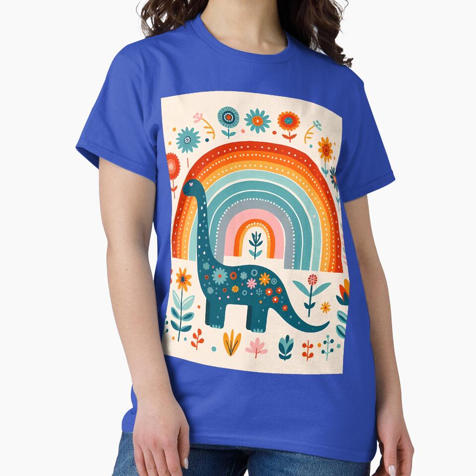 Cute Blue Brontosaurus Dinosaur with Rainbow - Scandinavian Folk Art by heidiannemorris © by FOLK ART FUSION by heidiannemorris