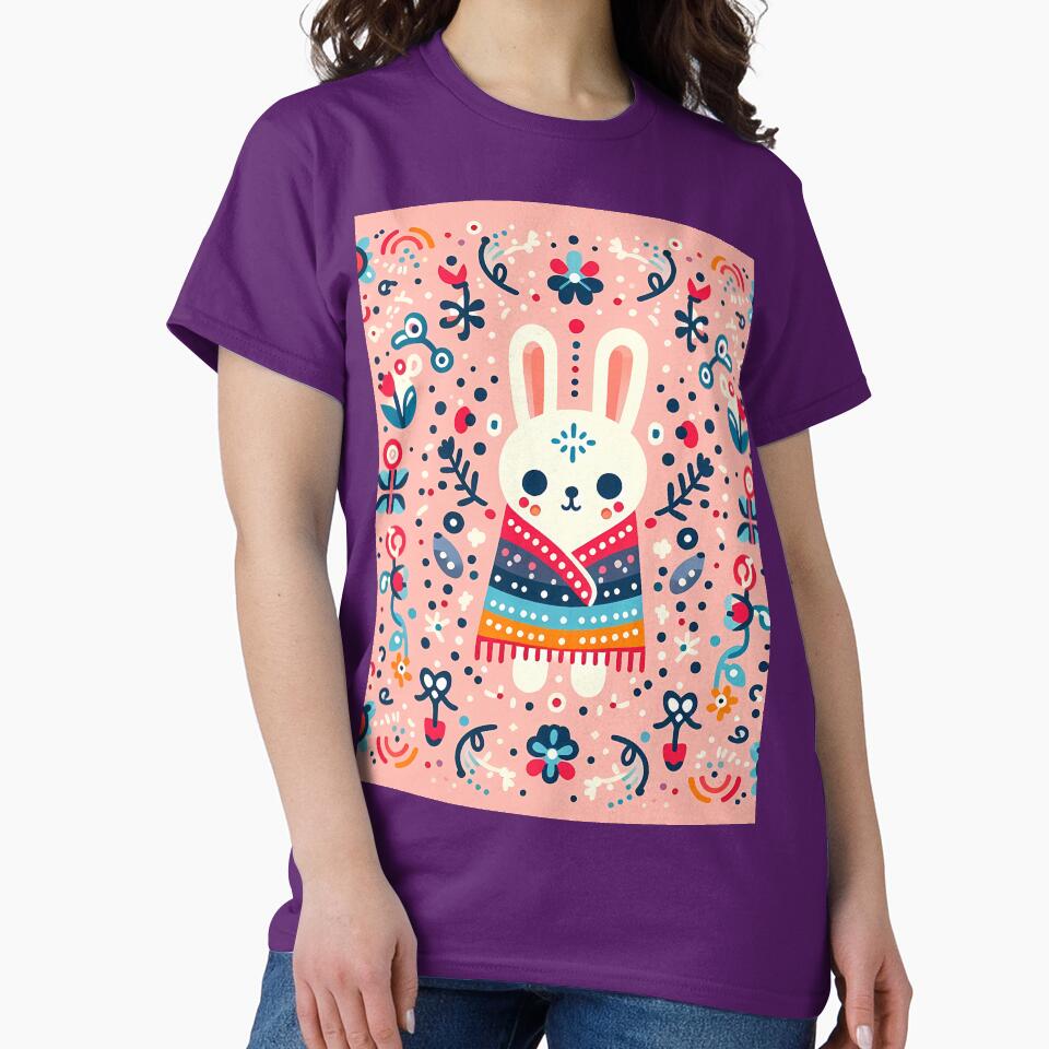 Cute Rabbit wrapped in a rainbow blanket - Scandinavian Folk Art by heidiannemorris © by FOLK ART FUSION by heidiannemorris
