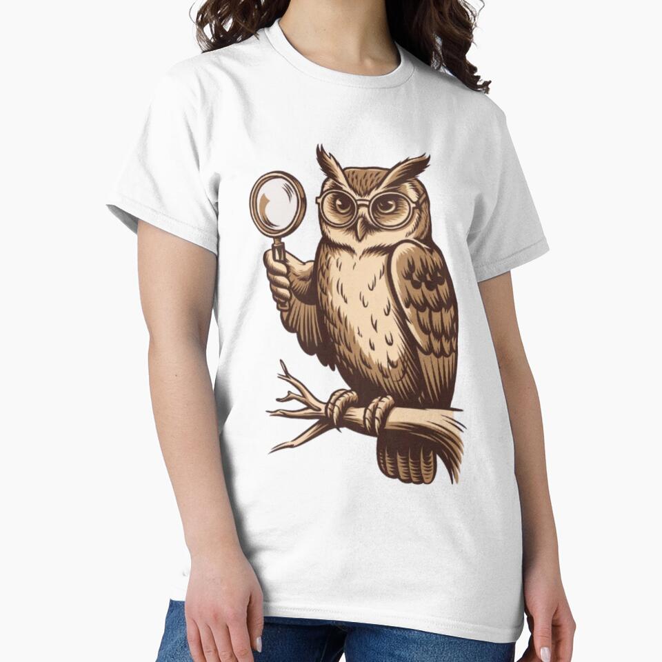 A vintage logo of an owl wearing glasses and holding a magnifying glass with its right wing. by 123ks