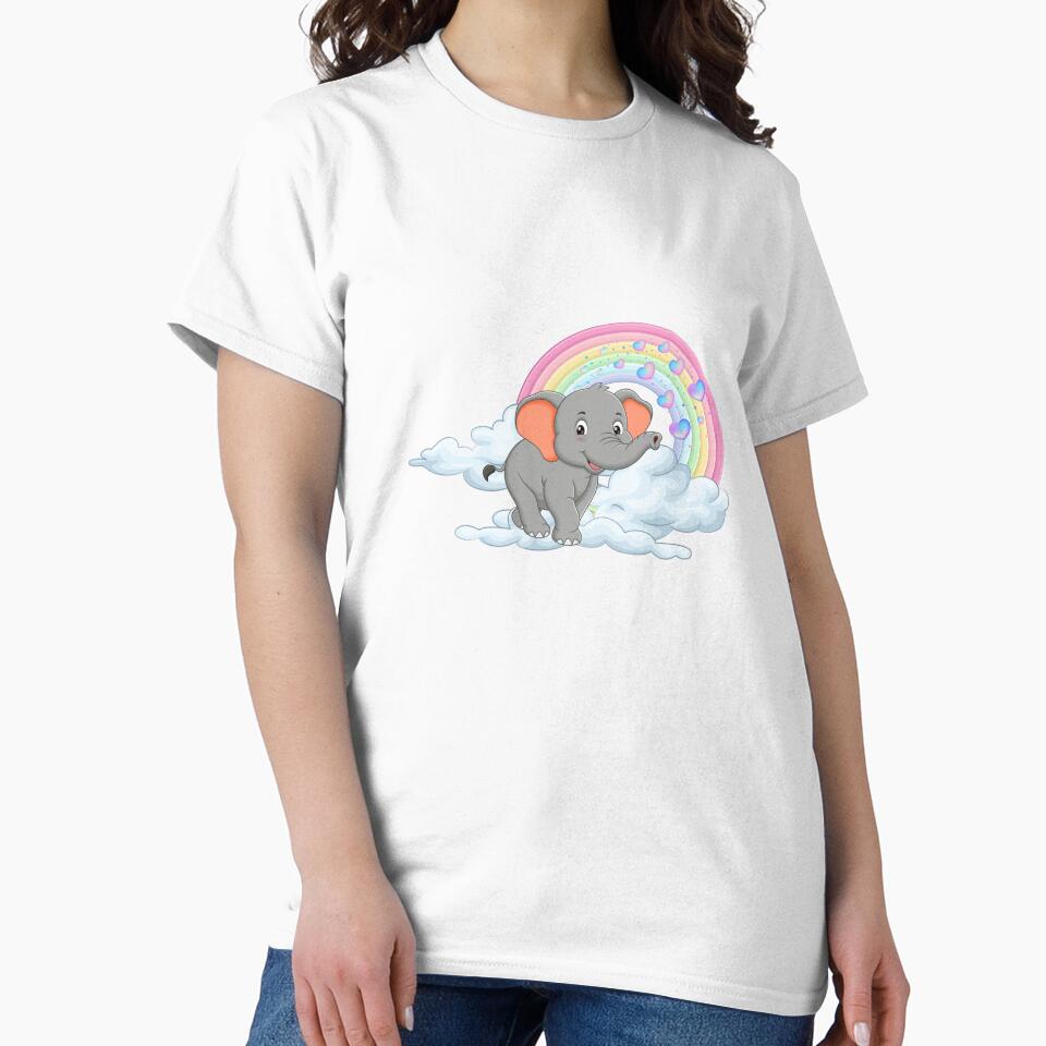 Friendly Elephant - Cute Grey Elephant on a Cloud with Pastel Rainbow by Love3Happy