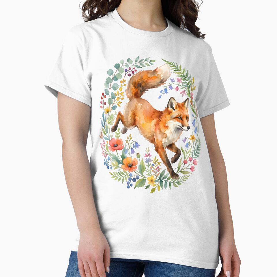 Whimsical Watercolor Red Fox Leaping Through Floral Wreath on Black by From the river to the sea