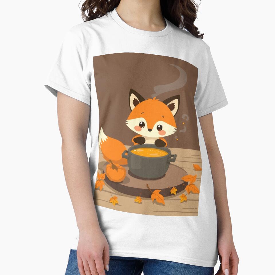 Fox Stirring Pumpkin Soup T-Shirt | Cozy Autumn Animal Art by ArmaanArts