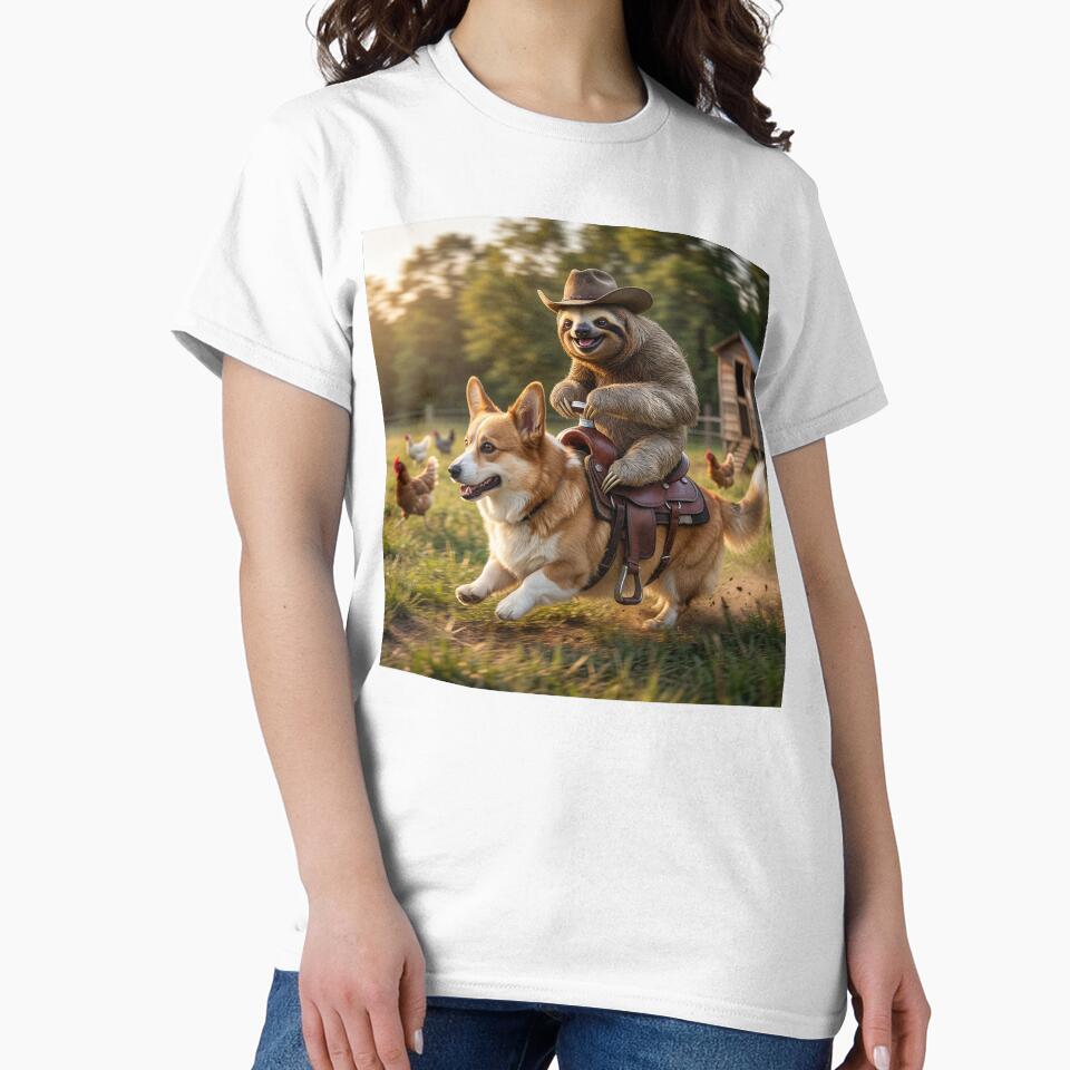 Happy Sloth Cowboy Herds Chickens on Corgi by Tridentulus