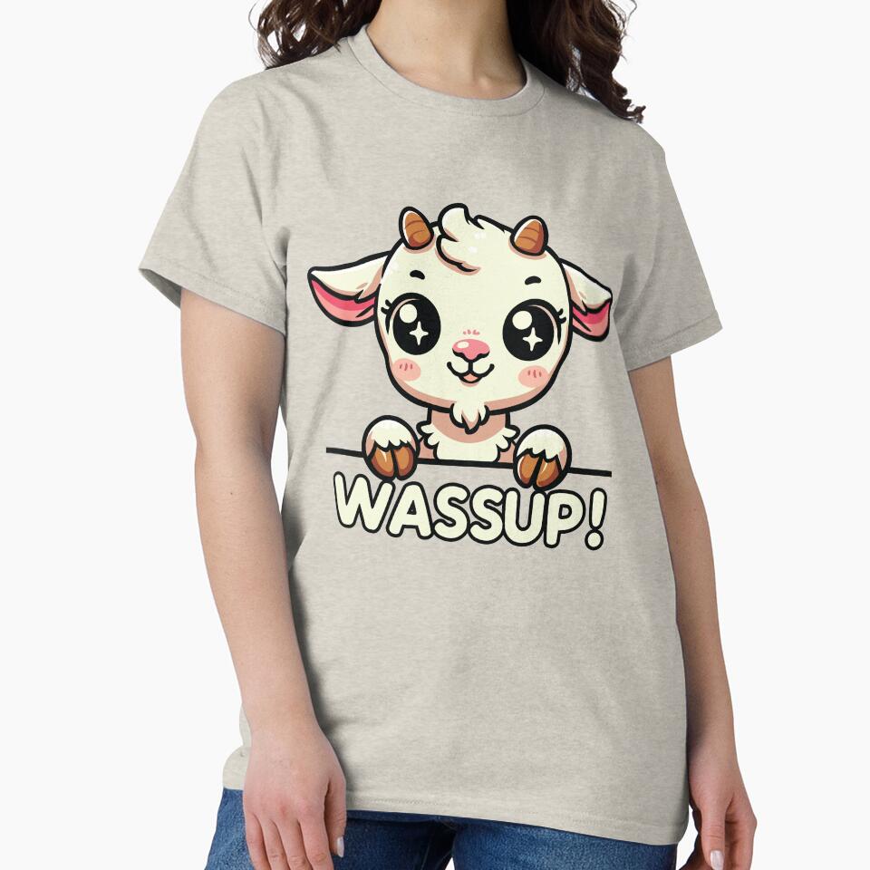 Kawaii Goat Saying Wassup | Cute Funny Cartoon Farm Animal Design | Goat Design for Animal Lovers | Kawaii Style Tee by DigitalFhaiz