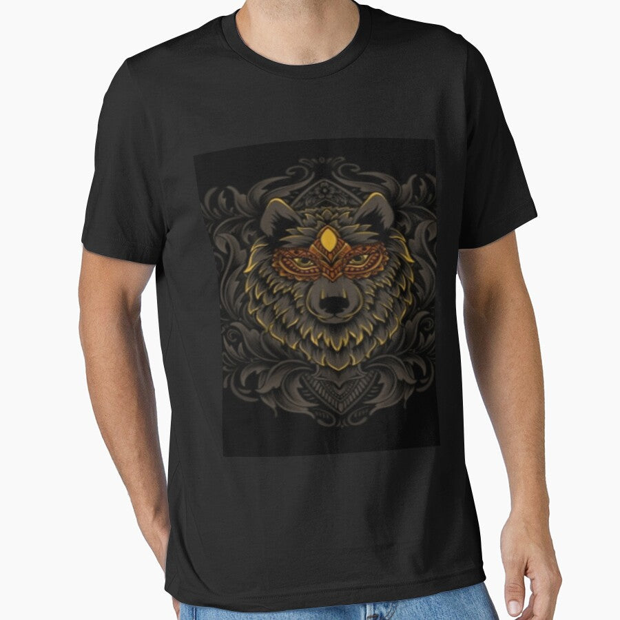 Golden Tribal Wolf Mask – Dark Ornamental Animal Art by Buyora