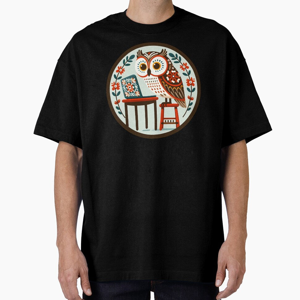 Owl: Back to School Tech Scholar - Scandinavian Folk Art by heidiannemorris © by FOLK ART FUSION by heidiannemorris