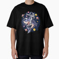 astronauts ride a shark in space with the planets planets. artwork vector by teemix