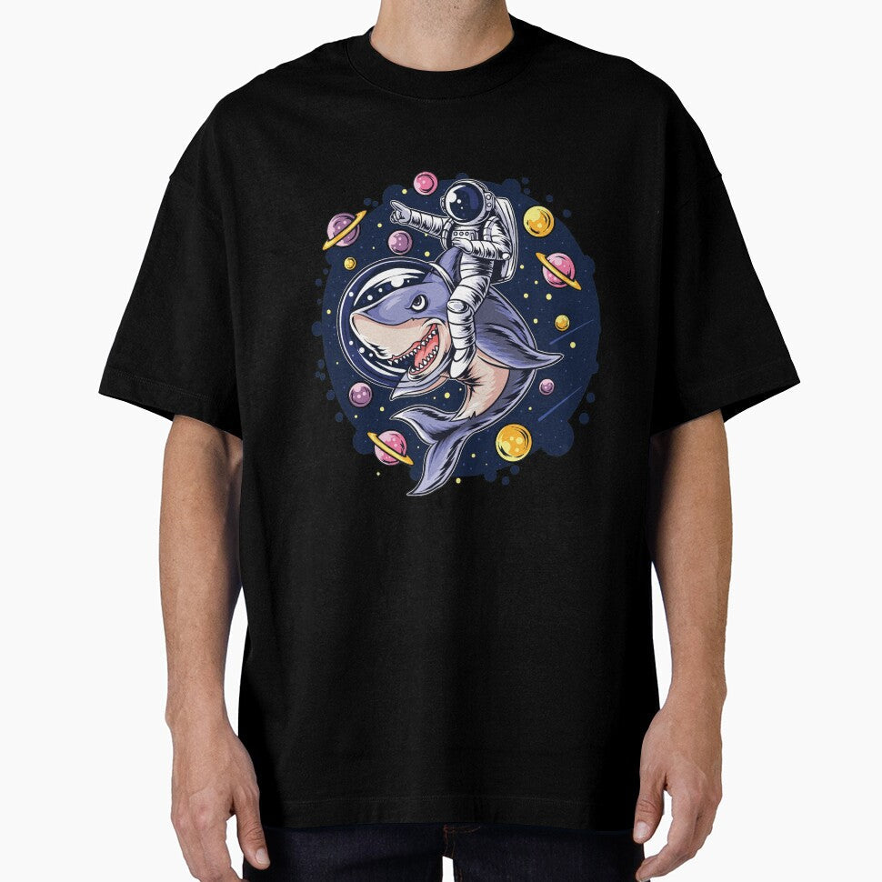 astronauts ride a shark in space with the planets planets. artwork vector by teemix