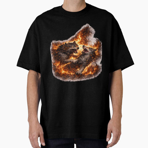 Alpha Wolf Battle T-Shirt – Dual Fire Wolves Dark Fantasy Graphic Tee by VivaThread