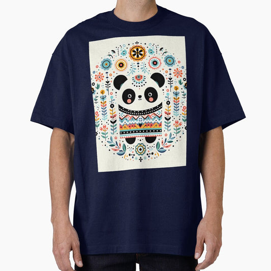 Adorable Panda Bear Surrounded by Folk Art Botanicals - Scandinavian Folk Art by heidiannemorris © by FOLK ART FUSION by heidiannemorris