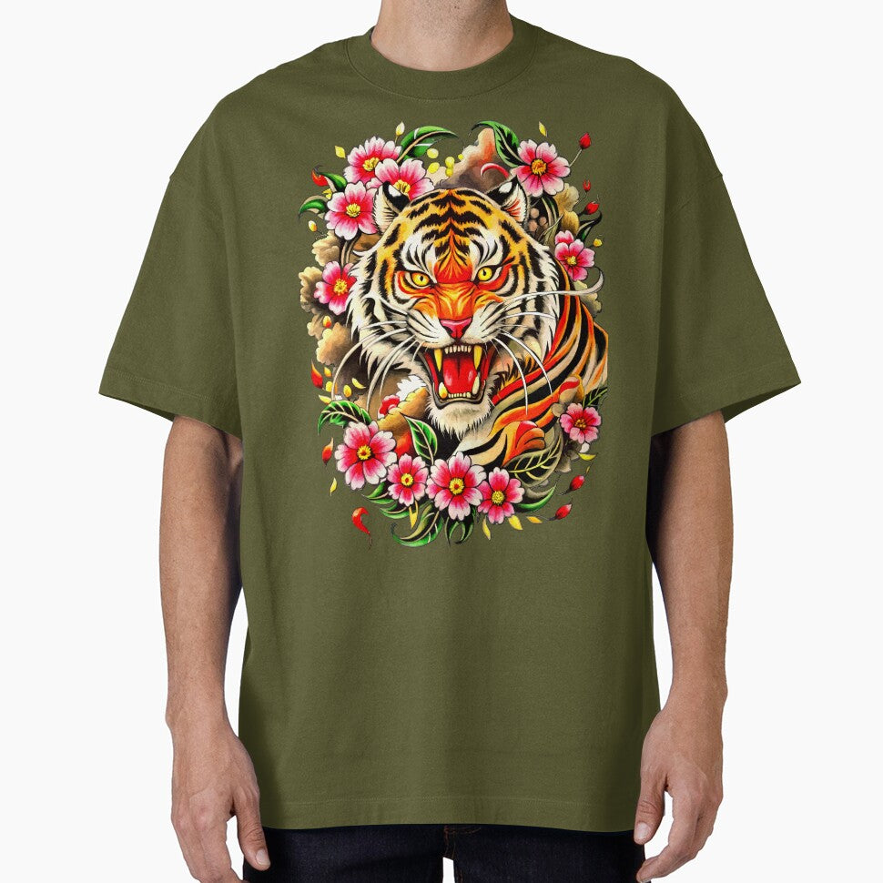 Fierce Tiger Head with Cherry Blossoms Illustration by VikArtStudio
