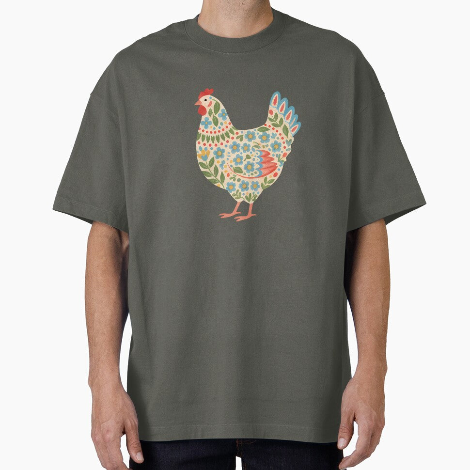 Floral Chicken with Folk Motifs – Scandinavian Folk Art by heidiannemorris © by FOLK ART FUSION by heidiannemorris