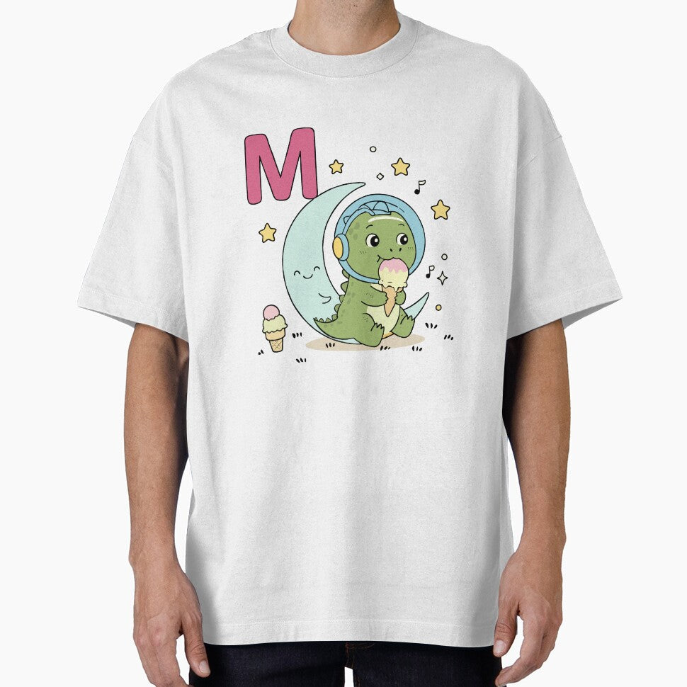 Cute Dinosaur Alphabet M – Kawaii Dino on Moon with Ice Cream by MeeraArts&Crafts