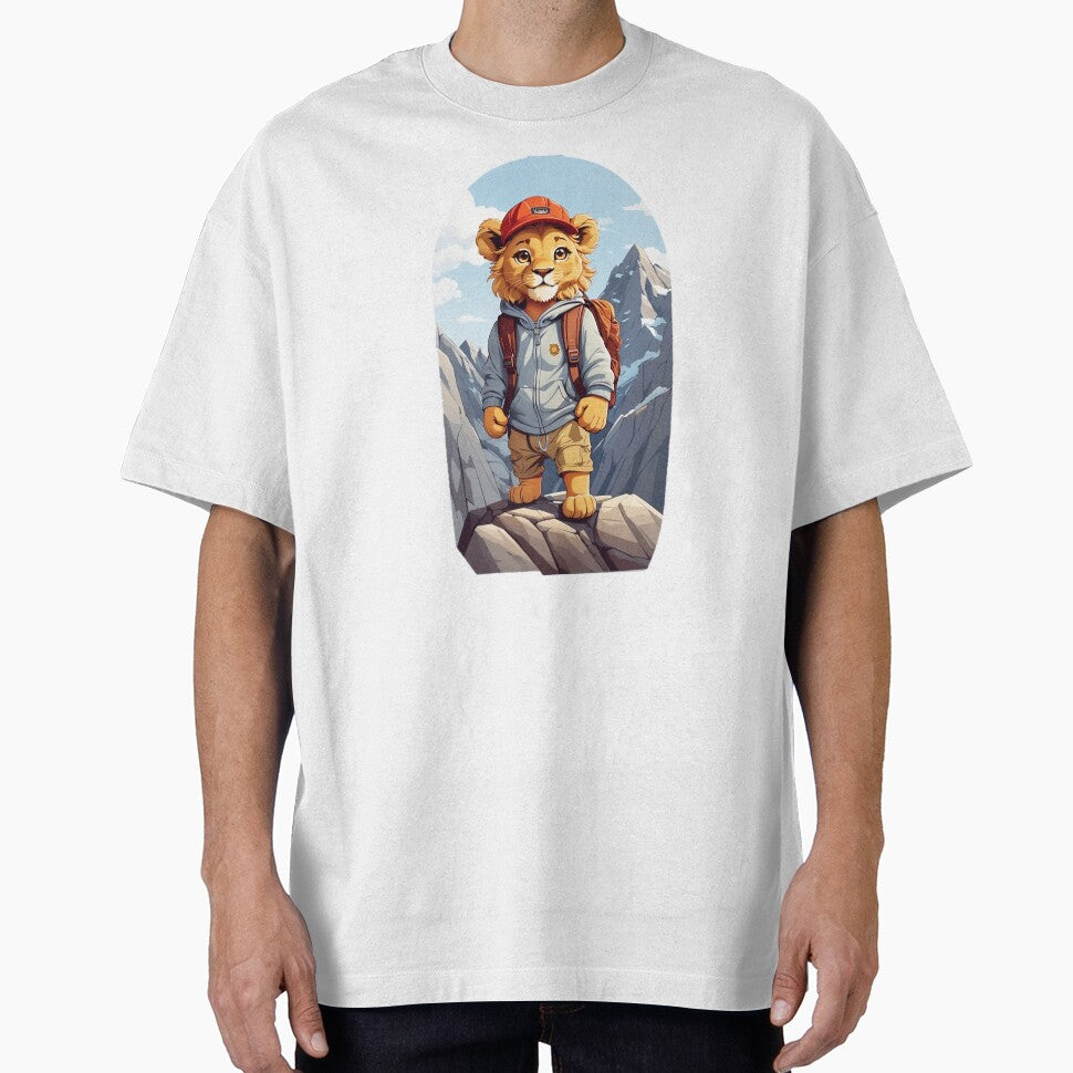 Young lion cub hiking in the mountains enjoying the view cartoon comic graphic for kids by CedricNorbinho