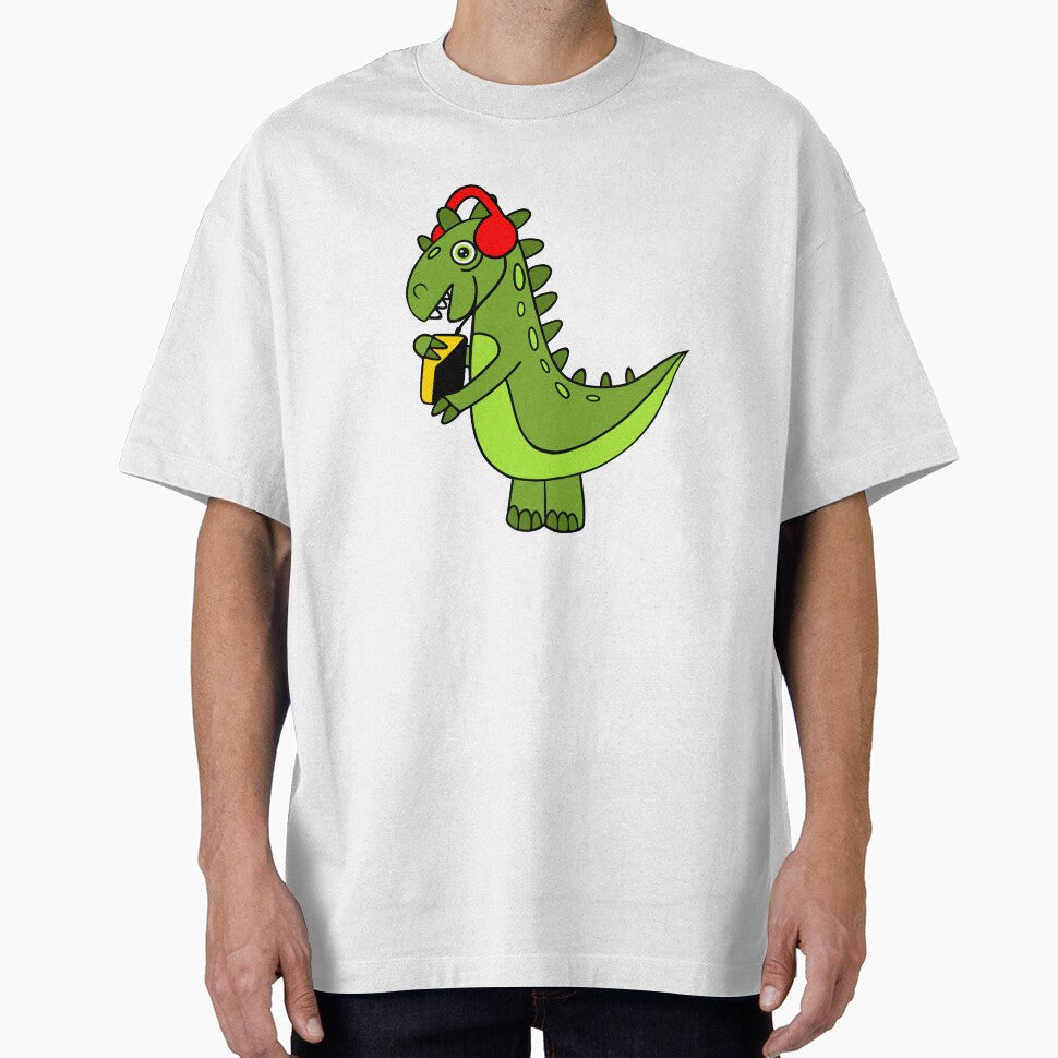 Funny Green Dinosaur With Retro Vintage Walkman by Sartoris Art