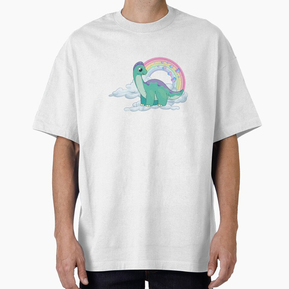 Gentle Dinosaur - Cute Teal Brontosaurus on Clouds with Rainbow by Love3Happy