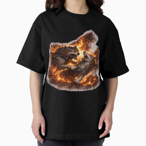 Alpha Wolf Battle T-Shirt – Dual Fire Wolves Dark Fantasy Graphic Tee by VivaThread