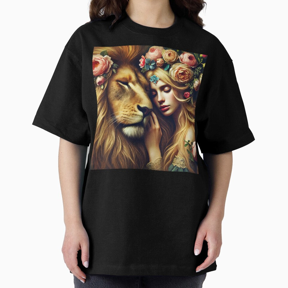 Yellow floral lion embrace with floral decorated blond ethereal girl fantasy illustration by EmeraldeaArt