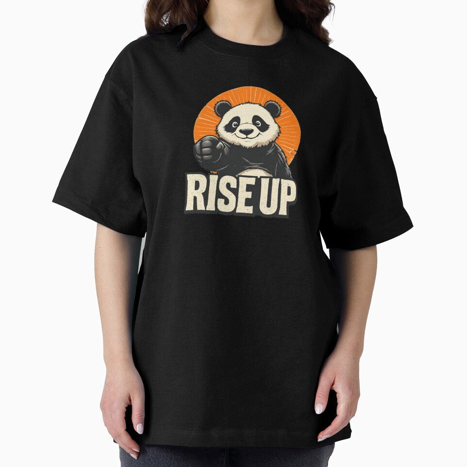 Rise Up – Determined Panda with Sunrise Burst & Bold Message by teevoxx