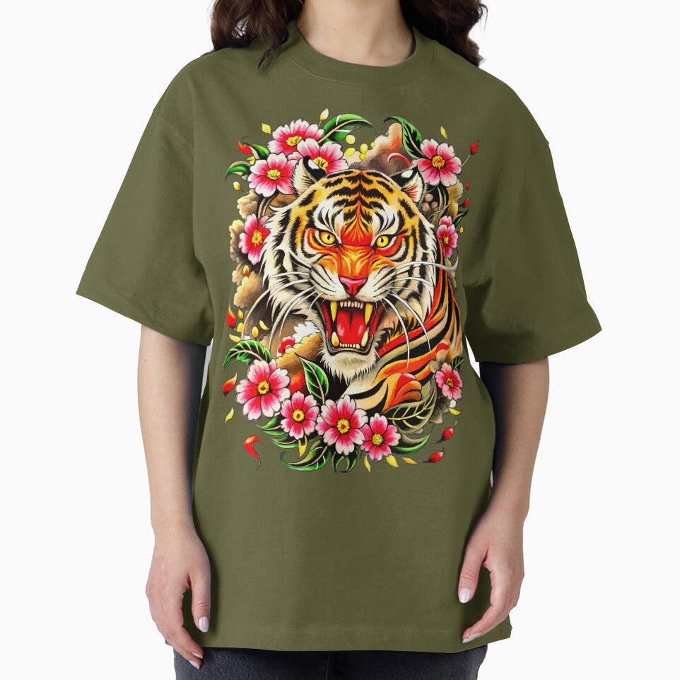 Fierce Tiger Head with Cherry Blossoms Illustration by VikArtStudio