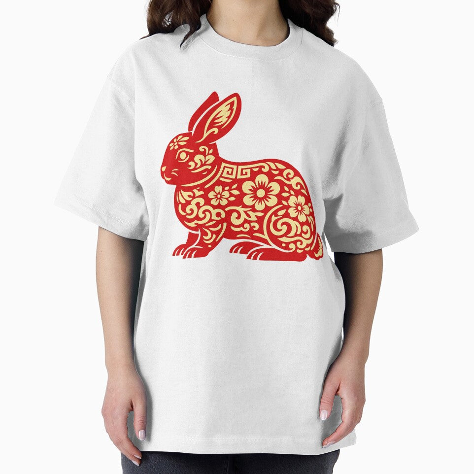 Lunar New Year Rabbit Zodiac Papercut Art, Red Gold Chinese New Year Rabbit Illustration, Year of the Rabbit Design by Vendeloc