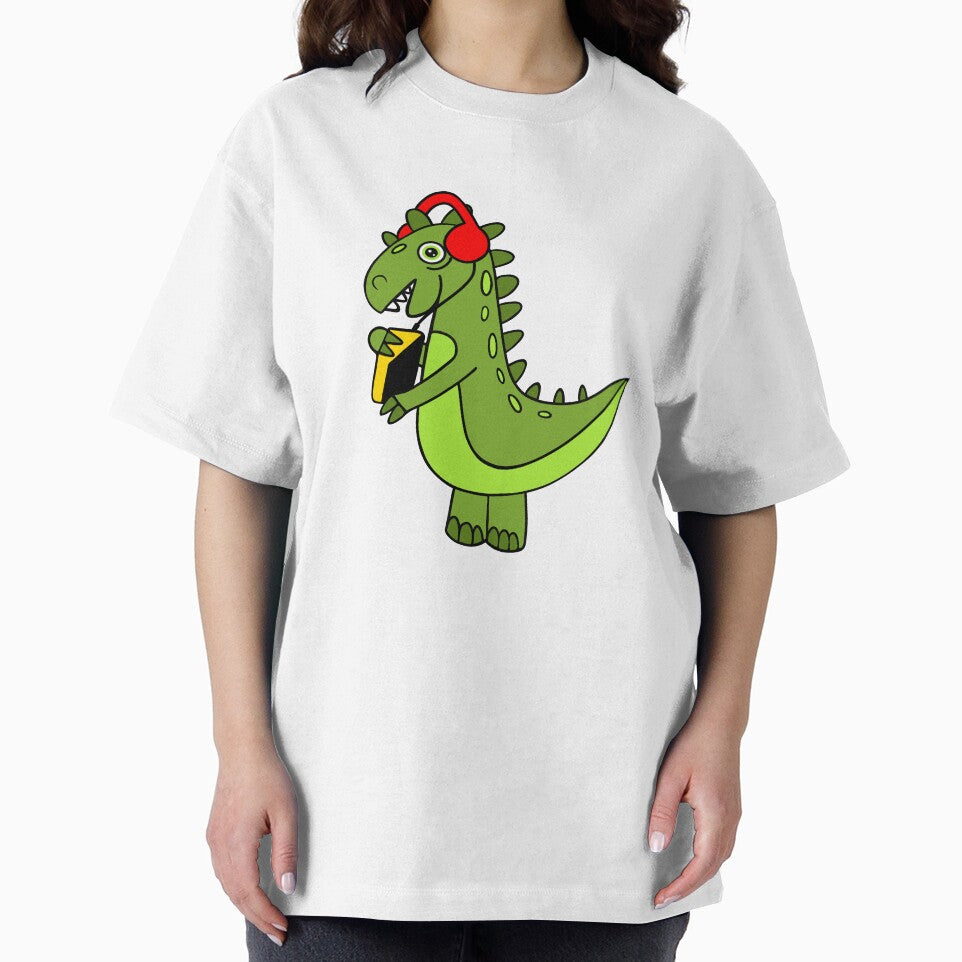 Funny Green Dinosaur With Retro Vintage Walkman by Sartoris Art