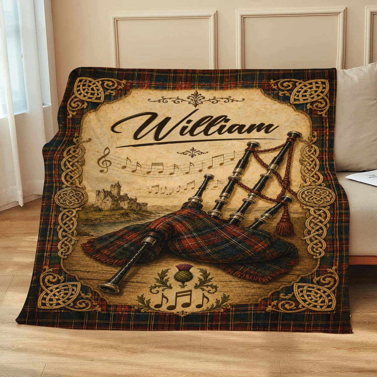 Personalized Bagpipe Blanket, Custom Name Bagpiper Gift, Scottish Bagpipes Blanket, Scotland Music Lover Gift, Celtic Highland Decor