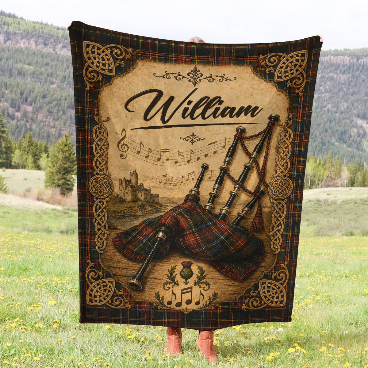 Personalized Bagpipe Blanket, Custom Name Bagpiper Gift, Scottish Bagpipes Blanket, Scotland Music Lover Gift, Celtic Highland Decor