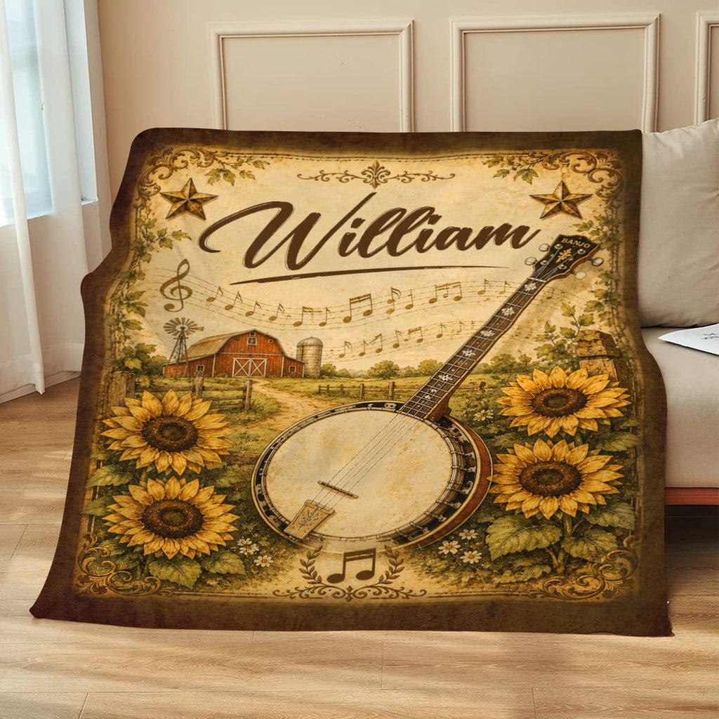 Personalized Banjo Blanket, Custom Name Banjo Player Gift, Country Music Throw Blanket, Bluegrass Music Lover Gift, Rustic Farmhouse Decor, Custom Banjo Gift for Men