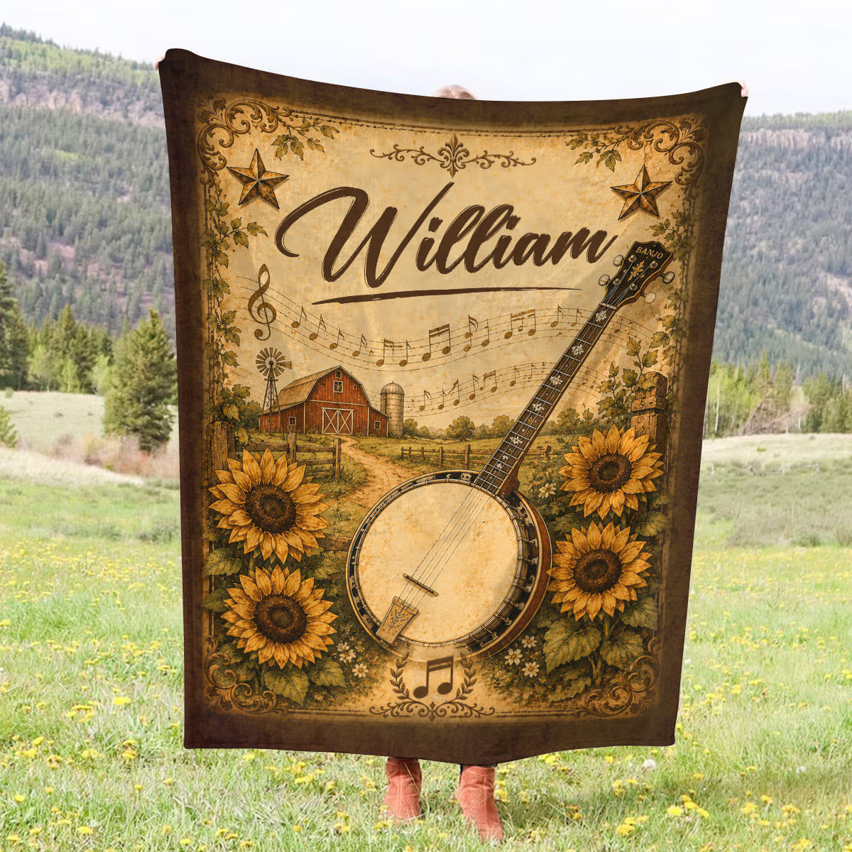 Personalized Banjo Blanket, Custom Name Banjo Player Gift, Country Music Throw Blanket, Bluegrass Music Lover Gift, Rustic Farmhouse Decor, Custom Banjo Gift for Men