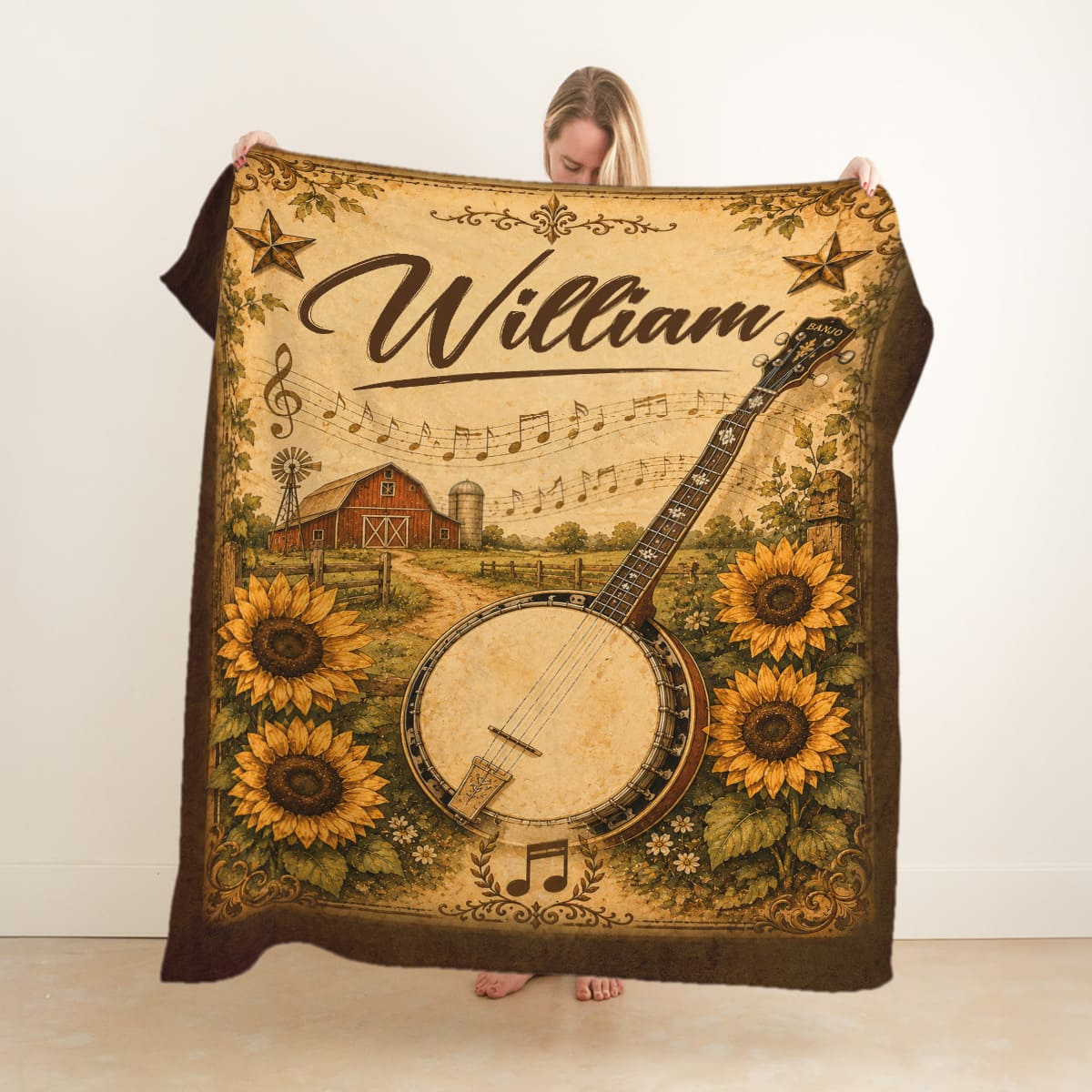 Personalized Banjo Blanket, Custom Name Banjo Player Gift, Country Music Throw Blanket, Bluegrass Music Lover Gift, Rustic Farmhouse Decor, Custom Banjo Gift for Men