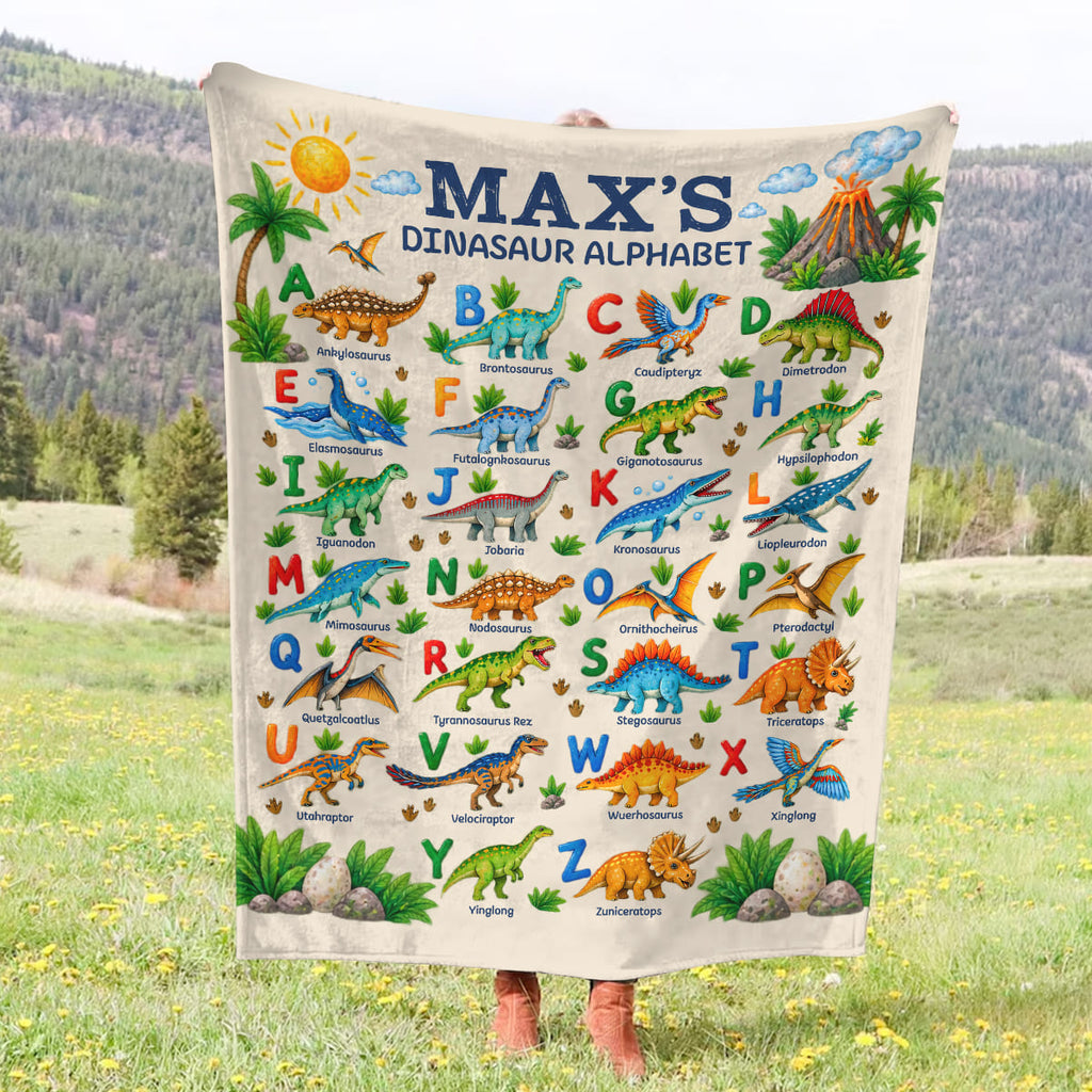 Personalized Dinosaur Alphabet Blanket For Kids, Custom Name Blanket, Educational Dino Throw Blanket, Toddler Boys Girls Gift