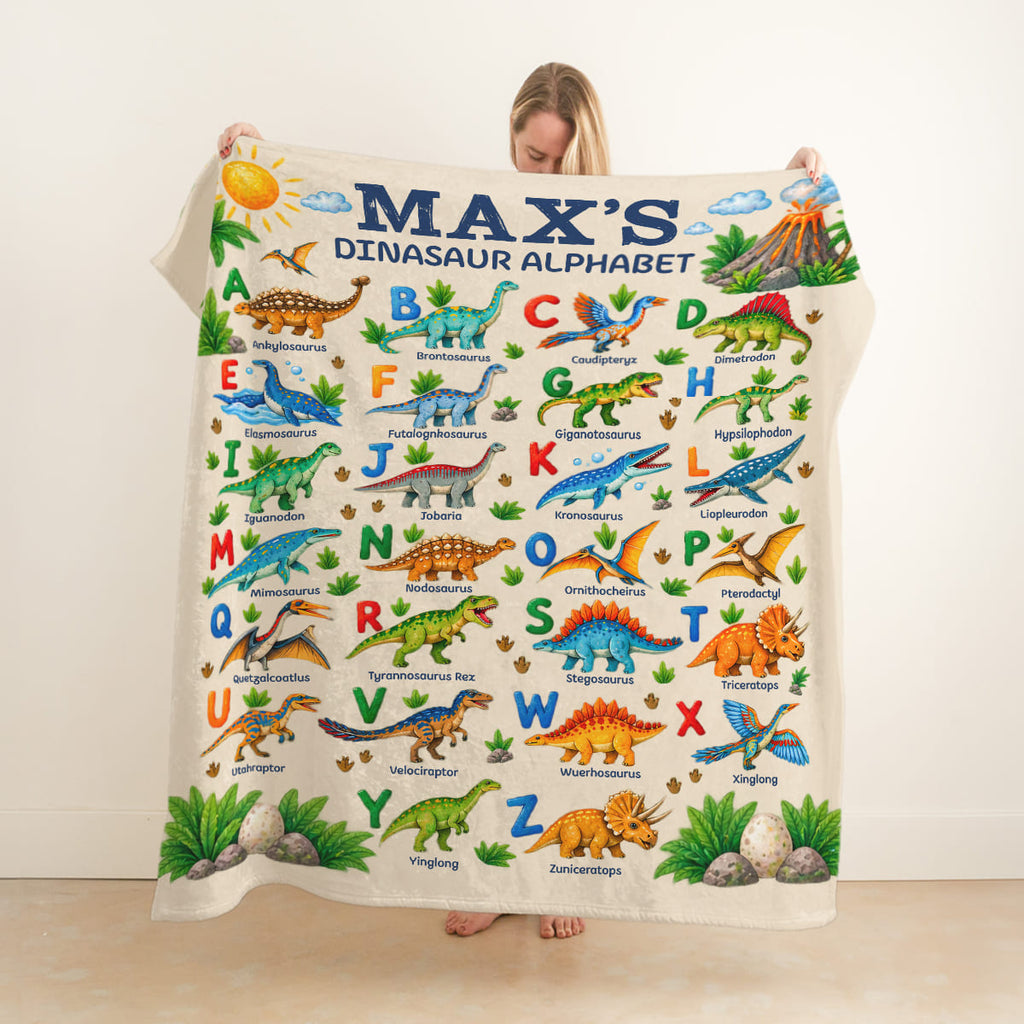 Personalized Dinosaur Alphabet Blanket For Kids, Custom Name Blanket, Educational Dino Throw Blanket, Toddler Boys Girls Gift