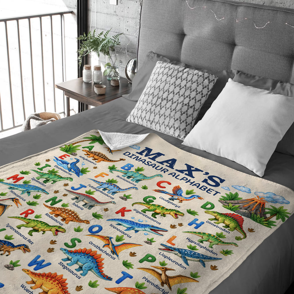 Personalized Dinosaur Alphabet Blanket For Kids, Custom Name Blanket, Educational Dino Throw Blanket, Toddler Boys Girls Gift