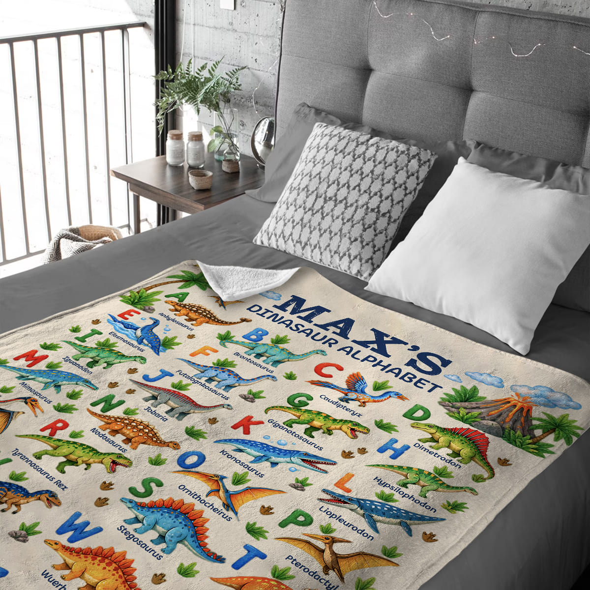 Personalized Dinosaur Alphabet Blanket For Kids, Custom Name Blanket, Educational Dino Throw Blanket, Toddler Boys Girls Gift