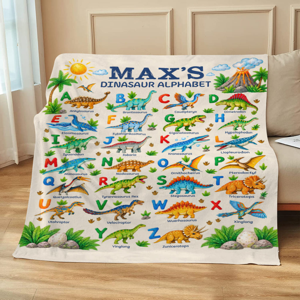 Personalized Dinosaur Alphabet Blanket For Kids, Custom Name Blanket, Educational Dino Throw Blanket, Toddler Boys Girls Gift